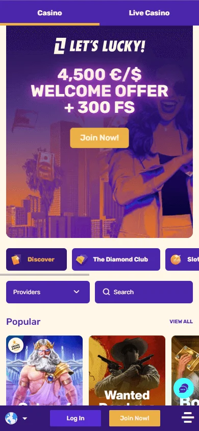 Letslucky Casino game catalogue on a mobile phone