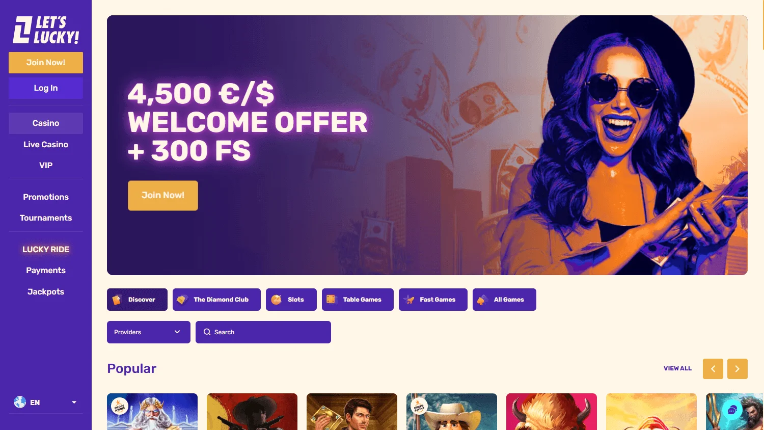 Letslucky Casino game catalogue on desktop