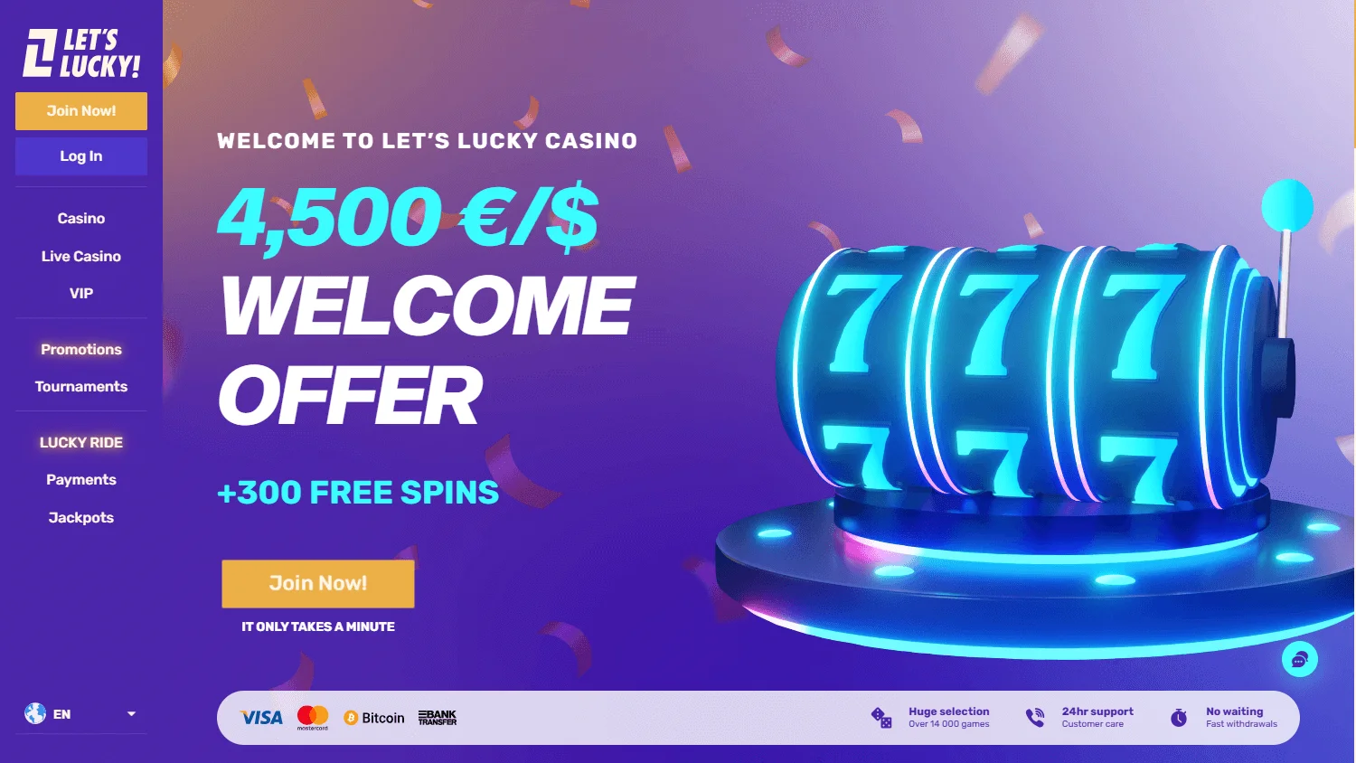Letslucky Casino home experience on a desktop computer