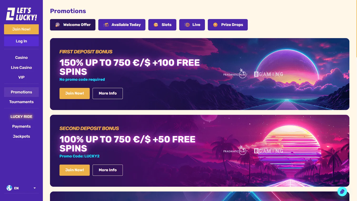 Letslucky Casino promotional offers on desktop